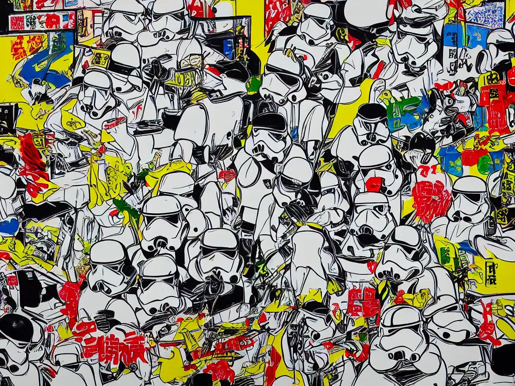 Image similar to detailed close - up image of the japanese home with a garden, stormtroopers in hot springs, pop - art style, jacky tsai style, andy warhol style, roy lichtenstein style, rich palette, acrylic on canvas