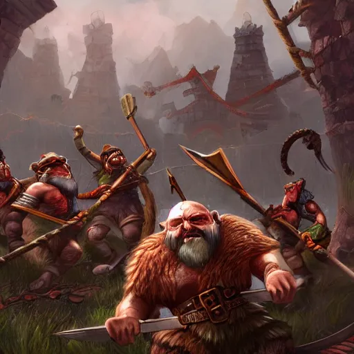 Image similar to a detailed fantasy painting of a berserker dwarf swinging axes fighting scaven rats from vermintide 2 videogame, warhammer, artstation, 8,