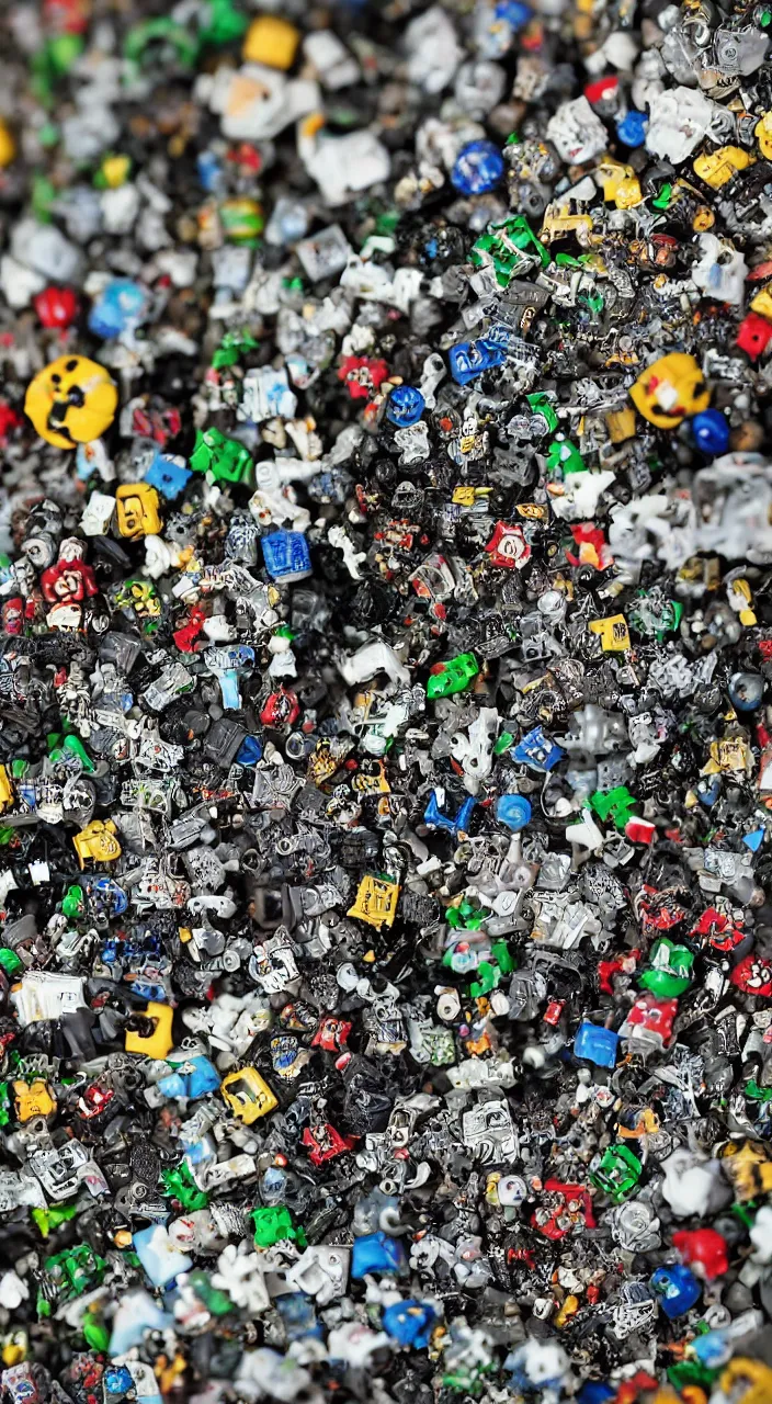 Prompt: a close up of a piece of plastiglomerate made from warhammer figures and xbox controllers, photographic, highly detailed