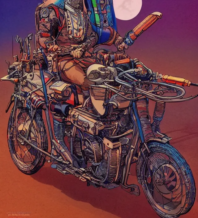 Image similar to atompunk / decopunk motorcycle in the style of jean giraud in the style of moebius trending on artstation deviantart pinterest detailed realistic hd 8 k high resolution