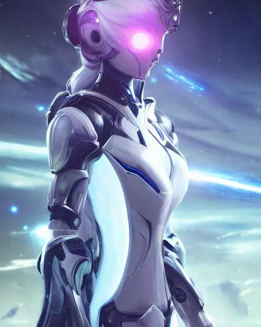 Image similar to perfect android girl on a mothership, warframe armor, beautiful face, scifi, futuristic, galaxy, nebula, raytracing, dreamy, long white hair, blue cyborg eyes, sharp focus, cinematic lighting, highly detailed, artstation, divine, by gauthier leblanc, kazuya takahashi, huifeng huang