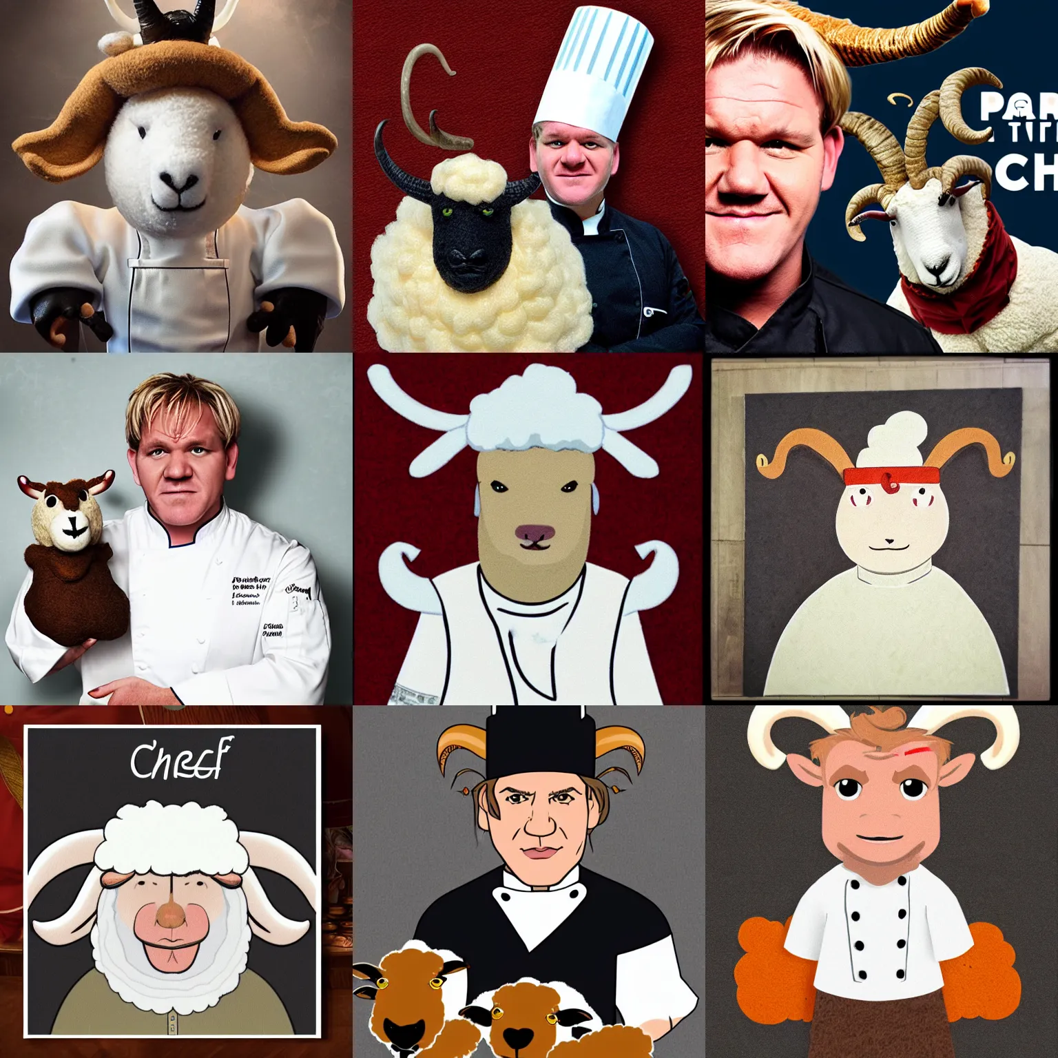 Prompt: portrait of chef gordon!! ramsay!! as a ram sheep with horns and wool