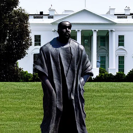 Prompt: a granite statue of kanye west, infront of the white house, photograph