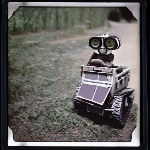 Prompt: WALL-E returning from the war, old polaroid