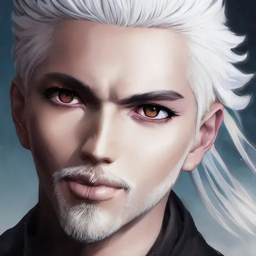 Prompt: Semi realistic anime illustration of white haired parted down the middle short hair man, with beautiful hyperdetailed BLACK SCLERA eyes, front facing shot, full face portrait made by Stanley Artgerm, WLOP, Rossdraws, James Jean Andrei Riabovitchev, Marc Simonetti, Yoshitaka Amano, Artstation