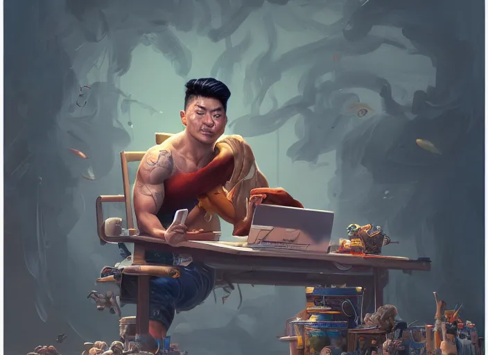 Image similar to an insanely detailed painting of an asian man wearing a homemade superhero costume, sitting at a desk, staring seriously at the computer and typing, in the style of peter mohrbacher, james jean, artgerm, dramatic lighting and composition, surreal background, octane render, pixar, trending on artstation, concept art, comic book, view from behind, 8 k