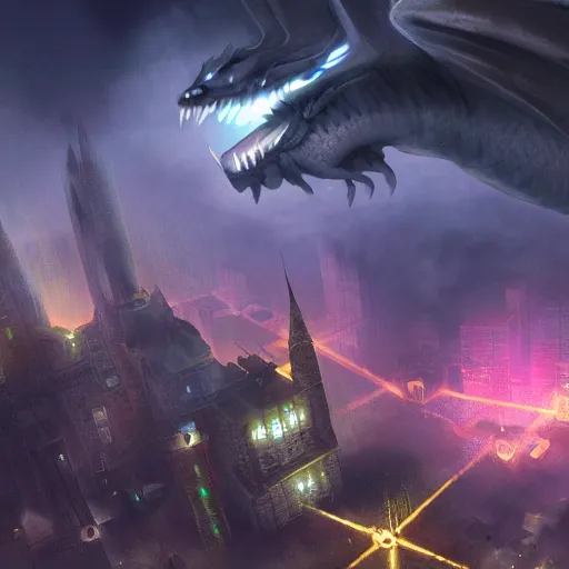 Prompt: mega detail, gigantic city, random inference, dragons breathing fire, dark magic, night fog, clouds, the matrix, in a battle, energy beam, video game, character on platform in front of camera