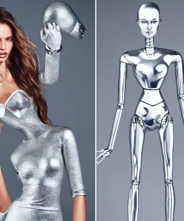 Image similar to victoria's secret model is standing and a silver robot is touching model and robot's head is partially morphed into copy of the model's head, realistic, 4 k