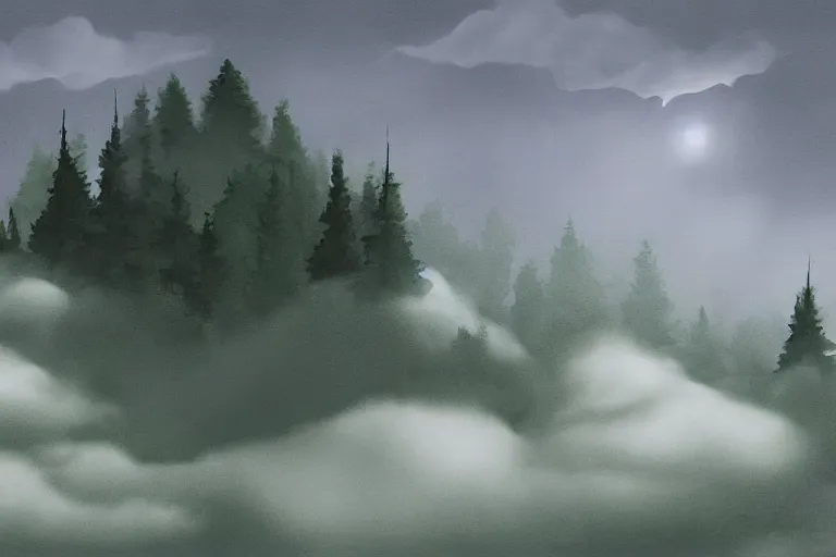 Image similar to mysterious floating island in the clouds above a forest, foggy, digital painting