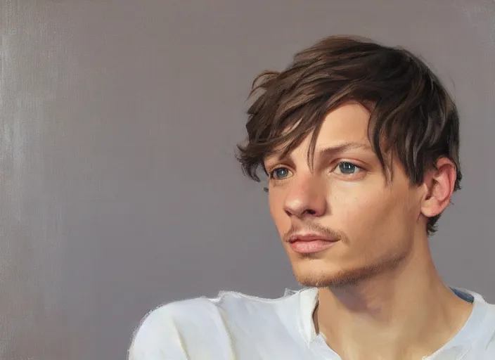 Image similar to a highly detailed beautiful portrait of louis tomlinson, by gregory manchess, james gurney, james jean