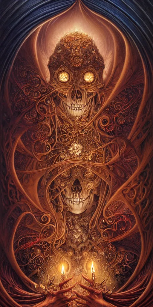 Image similar to A beautiful detailed orixa, tarot card, by tomasz alen kopera and Justin Gerard, symmetrical features, ominous, magical realism, texture, intricate, ornate, royally decorated, skull, skeleton, whirling smoke, embers, red adornements, red torn fabric, radiant colors, fantasy, trending on artstation, volumetric lighting, micro details, 3d sculpture, ray tracing, 8k, anaglyph effect