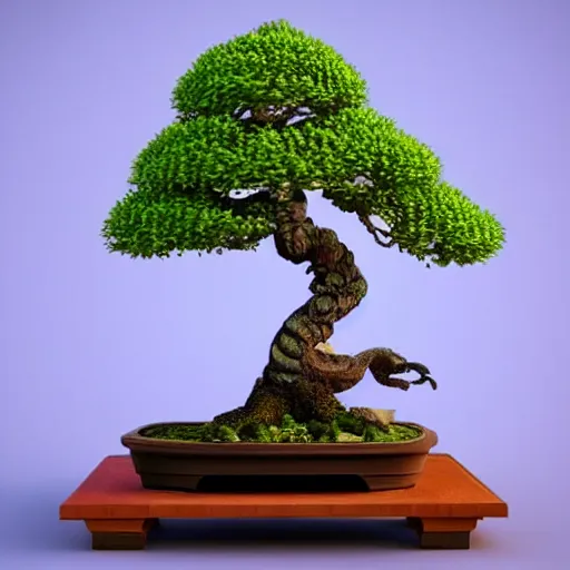 Image similar to bonsai tree with dragon shaped trunk and flowers on leaves detailed realistic 3 d render 4 k