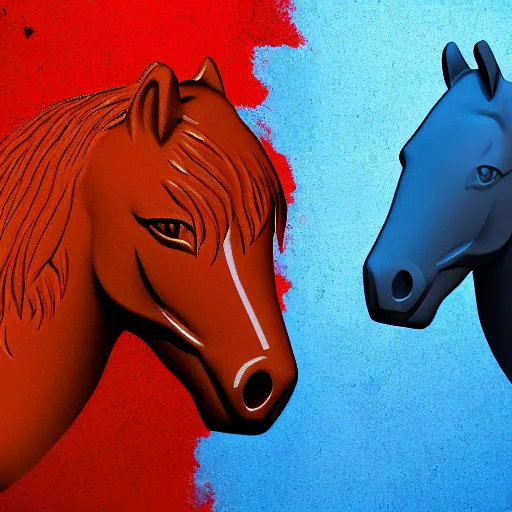 Image similar to horse head statue , background from blue to red