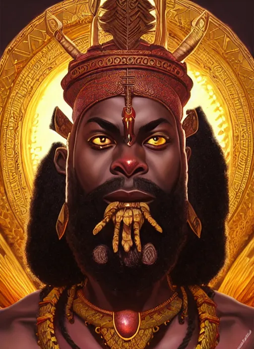 Image similar to angry orisha warrior god ogun, bronze skin tone stong and masculine, bushy beard, glowing red eyes, volumetric lights, mauve and gold scheme, tribal, intricate, highly detailed, digital painting, artstation, concept art, smooth, sharp focus, illustration, kemetic symbolism, art by artgerm and greg rutkowski and alphonse mucha