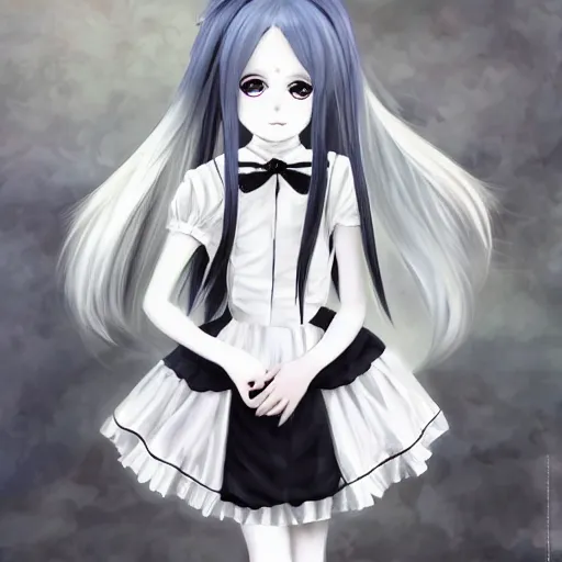 Image similar to kawaii expressionless gothiclolita syle anime girl with long silver hair by naka tsukashi