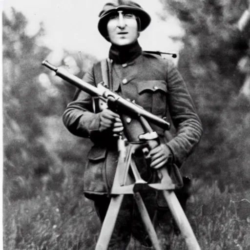 Image similar to old wartime photograph of john lennon holding a lewis gun, 1 9 1 7