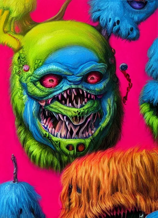 Image similar to cute monsters, colorful, digital art, fantasy, magic, trending on artstation, ultra detailed, professional illustration,chalk, portrait artwork by Basil Gogos , clean