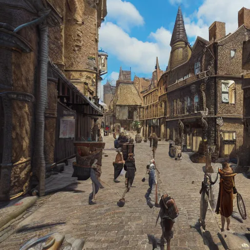 Prompt: detailed medieval fantasy streets with people walking around, unreal engine 5 rendered, incredibly highly detailed and realistic, 8 k, sharp focus, studio quality