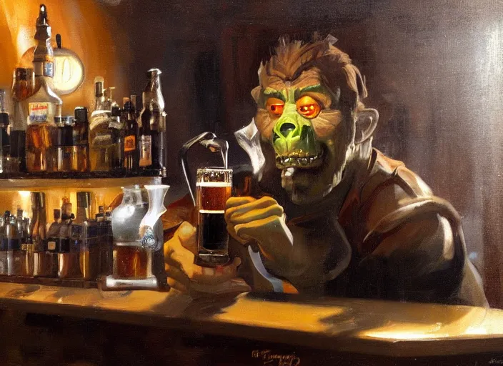 Image similar to greg manchess still - life painting of a delicious mug of beer in an orcish dieselpunk bar, close - up, organic painting, matte painting, bold shapes, hard edges, street art, trending on artstation, by huang guangjian and gil elvgren and sachin teng