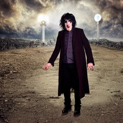 Prompt: Doctor Who played by Noel Fielding, cinematic photo, distance shot