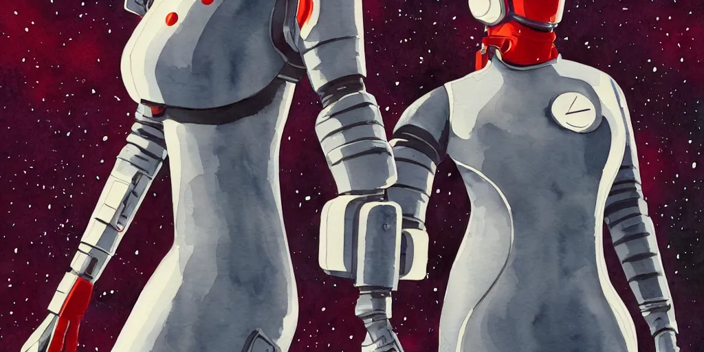 Image similar to woman, full body, wide shot, modern space suit, intriguing helmet, stylized character design, the expanse tv series, large shoulders, short torso, long thin legs, tiny feet, science fiction, hyperdetailed, technical suit, dieselpunk, watercolor digital painting, in the style of bruce timm, by alex maleev