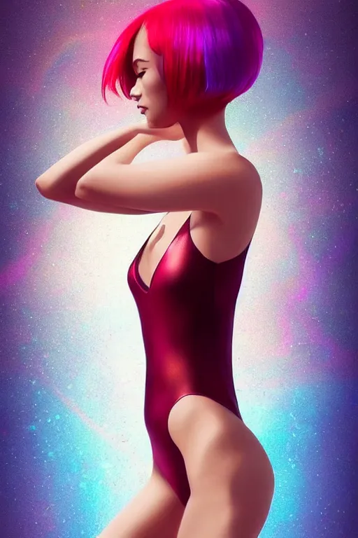 Prompt: beautiful elegant full body portrait of a rainbow hair woman wearing a sparkling cherry color one piece swimsuit, pixie haircut wlop, artgerm, artstation, backlit, marble background