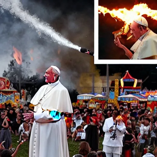 Prompt: a photo of the pope breathing out fire at a carnival sideshow