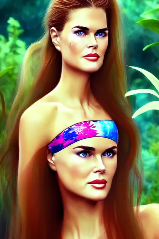 Image similar to mix of beautiful young maria shriver, mariel hemmingway, brooke shields, nicole kidman and elle macpherson as a young jungle girl swimming in a rockpool, thin lips, hair tied up in a pony tail, dark blonde hair, colorful, artstation, cgsociety