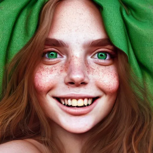 Image similar to beautiful hyperrealism hyperdetailed selfie of a cute young woman smiling softly, long light bronze brown hair, flushed face, red blush, light freckles, soft features, emerald green eyes, 8 k, sharp focus, art by irakli nadar