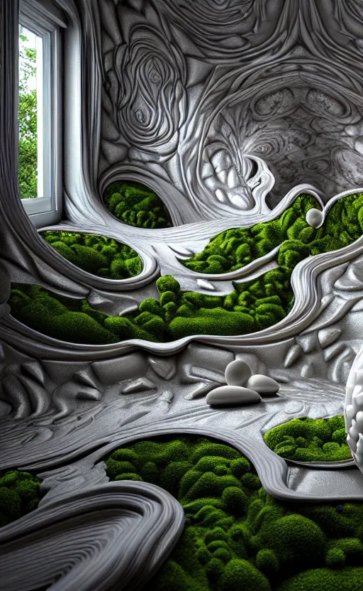 Image similar to highly detailed ultra sharp 3 d render villa interior cinematic composition of a smooth ceramic porcelain biomorphic magnolia stone nebula fluid fractal sci - fi surreal architecture landscape, granite, metallic, magnesium, marble, moss and lichen, vincent callebaut composition, mamou - mani, archviz, beautiful lighting, 8 k, unreal engine, hdr,