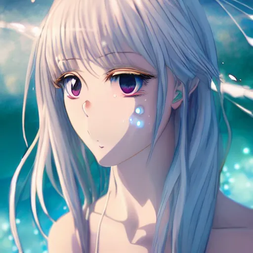 Image similar to a very beautiful anime girl wearing a dress made of water standing in a crystal lake in a futuristic emerald city, full body, long white hair with azure blue highlights blending into the dress , azure blue watery eyes, full round face, seductive over the shoulder glances , lens flare, cinematic lighting, medium shot, mid-shot, reflective surfaces, water droplets, caustic lighting , highly realistically detailed, trending on artstation, Unreal Engine 4k, Stanley Artgerm Lau, WLOP, Rossdraws, James Jean, Andrei Riabovitchev, Marc Simonetti, and Sakimichan