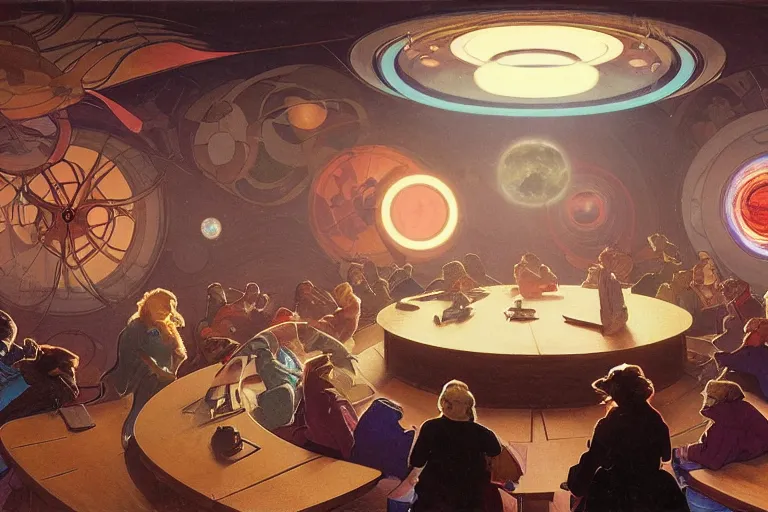 Prompt: circular meeting room with bright holodesk in the center showing levitating planets of a solar system, people discussing, contrasted light, clair obsure by greg rutkowski, alphonse mucha, muted colors