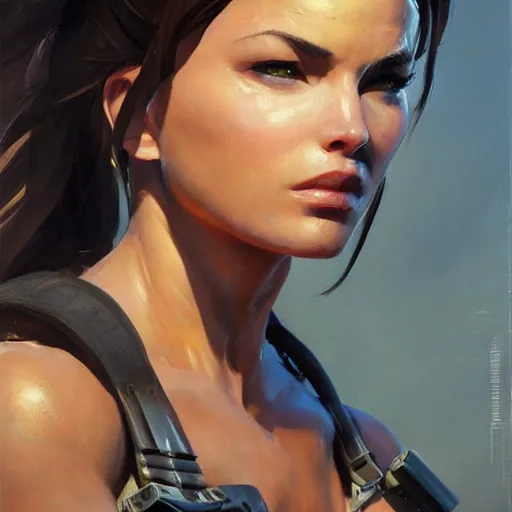 Image similar to greg manchess portrait painting of partially armored lara croft as overwatch character, close - up shot, asymmetrical, profile picture, organic painting, sunny day, matte painting, bold shapes, hard edges, street art, trending on artstation, by huang guangjian and gil elvgren and sachin teng