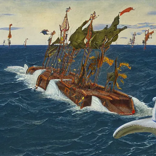 Prompt: whale fighting an army by Salvidor Dali