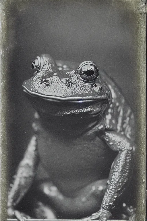 Image similar to a wet plate photo of an anthropomorphic frog king