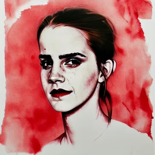 Image similar to portrait of emma watson, medium shot. by hermann nitsch and hermann nitsch