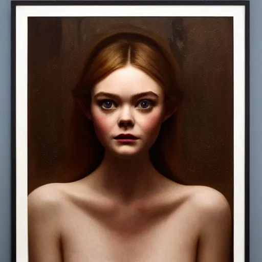 Prompt: Elle Fanning at a funeral in the style of Paola Vetri, head and shoulders portrait, stormy weather, extremely detailed masterpiece, oil on canvas, low-key neon lighting, artstation, Blade Runner 2049, Roger Deakin’s cinematography, by J. C. Leyendecker and Peter Paul Rubens and Edward Hopper and Michael Sowa,