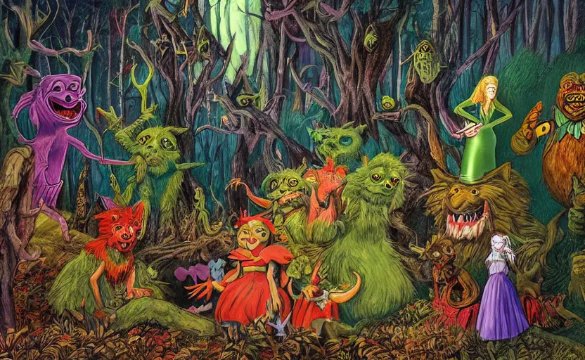 Image similar to a scene of colorful cartoon monsters in the clearing of a dark fantasy forest surrounded by darkness. hyperrealist illustration. muted colors. 1 9 7 0's pulp science fiction and fantasy cartoon for alice in wonderland and wizard of oz. richly colored painting by don ivan punchatz.