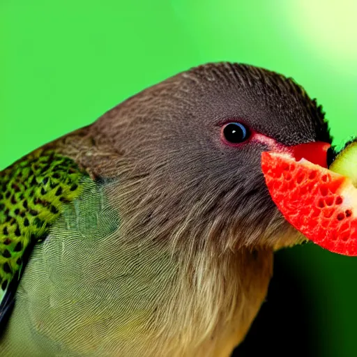 Prompt: a Kiwi bird wearing sunglasses biting into a kiwi fruit