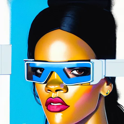 Image similar to Rihanna wearing opaque reflective goggles profile picture by Greg Rutkowski, asymmetrical, futuristic, volumetric lights, streetwear, studio ghibli, Organic Painting , Matte Painting, geometric shapes, hard edges, street art, trending on the artstation, fantasy LUT, realistic by Sachin Teng + Martin Grip + Moebius + Patrick Gleason, smooth, sharp focus, illustration, art by John Collier and Albert Aublet and Krenz Cushart and Artem Demura and Alphonse Mucha, techwear, Industrial Scifi, detailed illustration, character portrait,