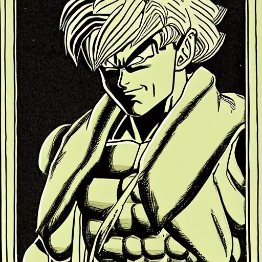 Image similar to franklin booth illustration of a man with sharp features from dragon ball z