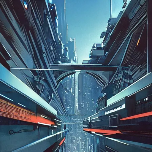 Image similar to busy cyberpunk futuristic cityscape located under a bridgeway, world seen only through a portal, daylight, cinematic perspective, cinematic lighting, blue sky, syd mead, john harris, symmetrical