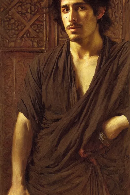Image similar to attractive male, orientalist intricate portrait by john william waterhouse and edwin longsden long and theodore ralli and nasreddine dinet, hyper realism, dramatic lighting