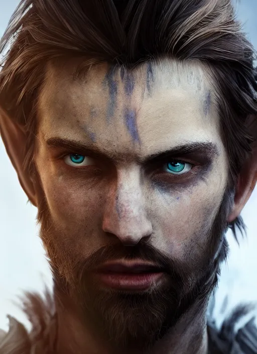 Image similar to A striking epic hyper real painting of an arrogant half elf ranger with shaggy brown hair, scruffy beard, scar on face, blue tunic, unreal 5, DAZ, hyperrealistic, octane render, cosplay, RPG portrait, dynamic lighting