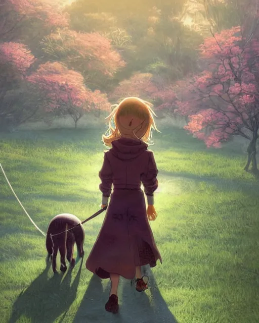 Prompt: a girl walking her small dog at the park, full shot, visible face, ambient lighting, detailed, art by ayami kojima, makoto shinkai, kilian eng