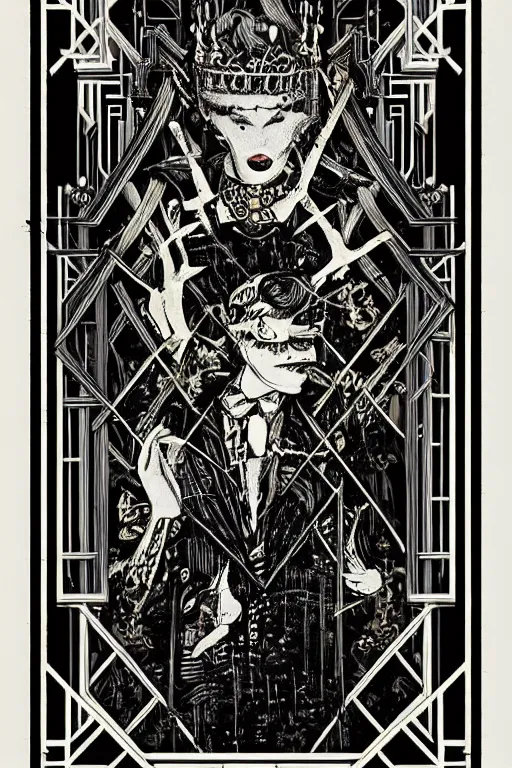 Image similar to a horror tarot card design with intricate details :: like the great gatsby