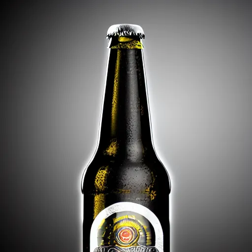 Image similar to photorealistic rendering of cold beer bottle with drops for advertising, blank black label, studio light