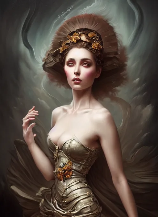 Image similar to a beautiful woman with baroque dress, painted by artgerm and tom bagshaw, fantasy art, dramatic lighting, highly detailed oil painting