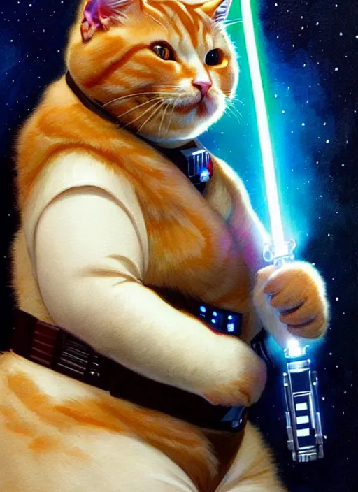 Image similar to a fat ginger cat holding a lightsaber, star wars, beautiful glowing lights, sci - fi, stunning, intricate, elegant. highly detailed, digital painting. artstation. smooth. sharp focus. illustration. art by artgerm and greg rutkowski and alphonse mucha