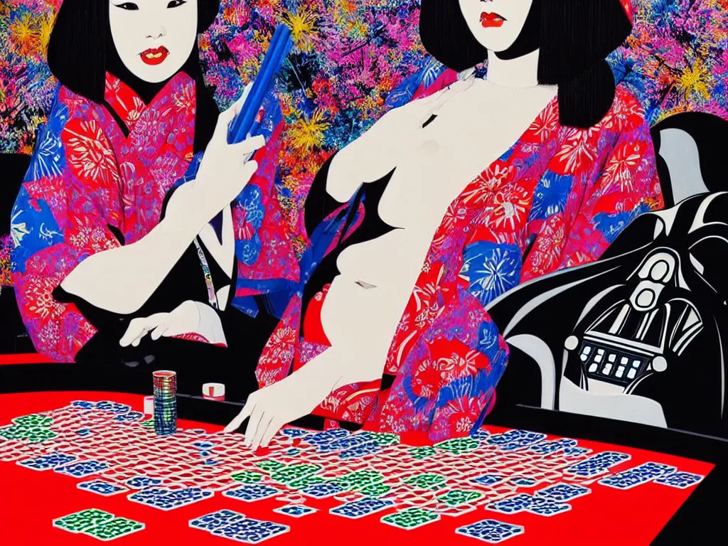 Image similar to hyperrealistic composition of the detailed woman in a japanese kimono sitting at a extremely detailed poker table with hyperdetailed darth vader, fireworks, mountain fuji on the background, pop - art style, jacky tsai style, andy warhol style, acrylic on canvas